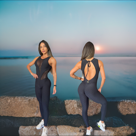 Black Scrunch Booty Wave Mesh Workout Jumpsuit