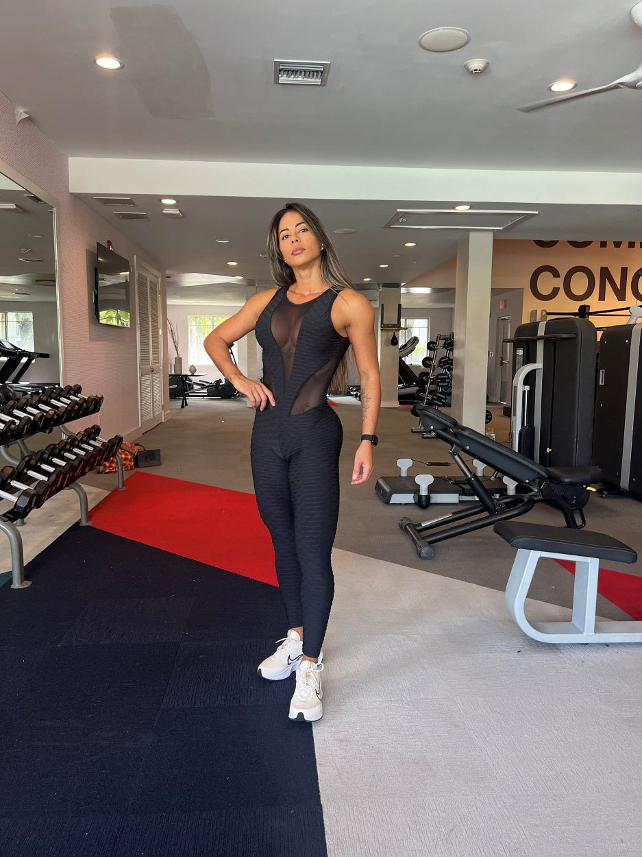 Black Scrunch Booty Wave Mesh Workout Jumpsuit