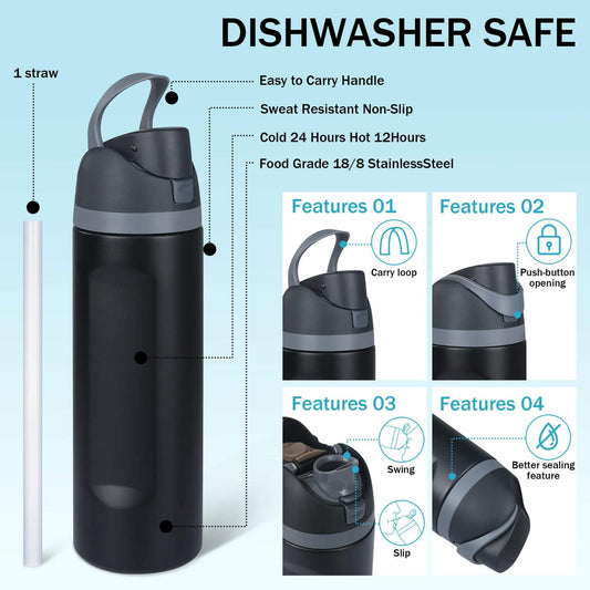 1L Leakproof Black Sports Water Bottle for Gym and Travel