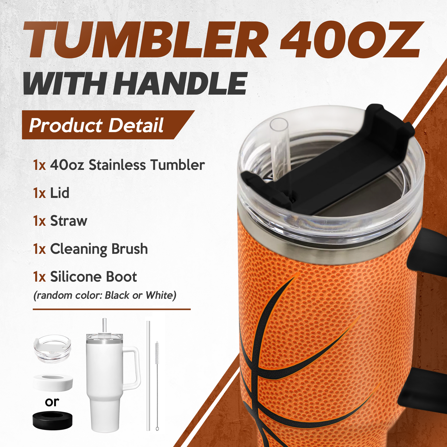 Basketball 40oz Stainless Steel Tumbler with Lid and Straw