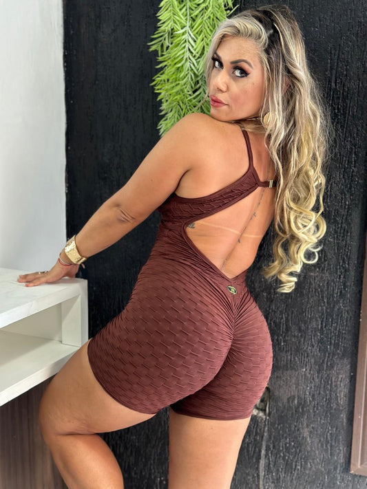 Brown Scrunch Booty Short Workout Jumpsuit