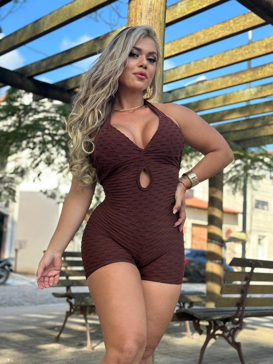 Brown Scrunch Booty Short Workout Jumpsuit