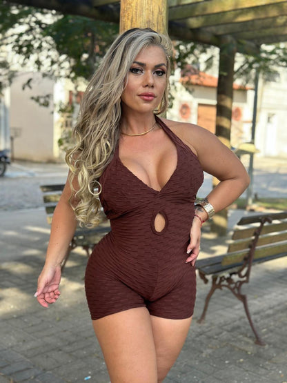 Brown Scrunch Booty Short Workout Jumpsuit