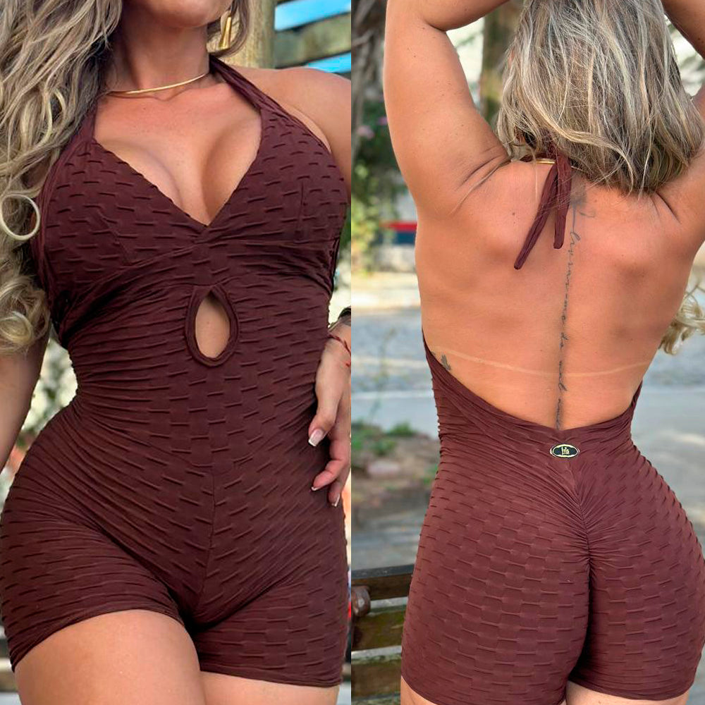 Brown Scrunch Booty Short Workout Jumpsuit