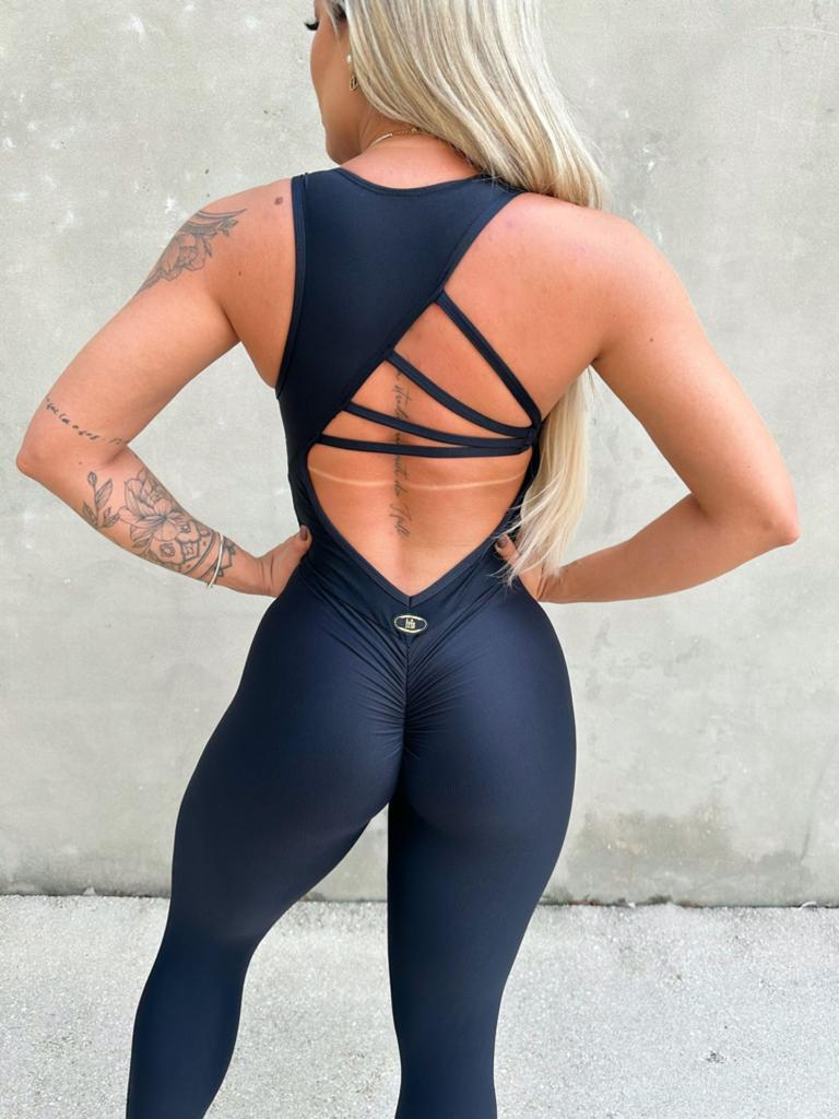 Black Scrunch Booty Open Back Ring Jumpsuit