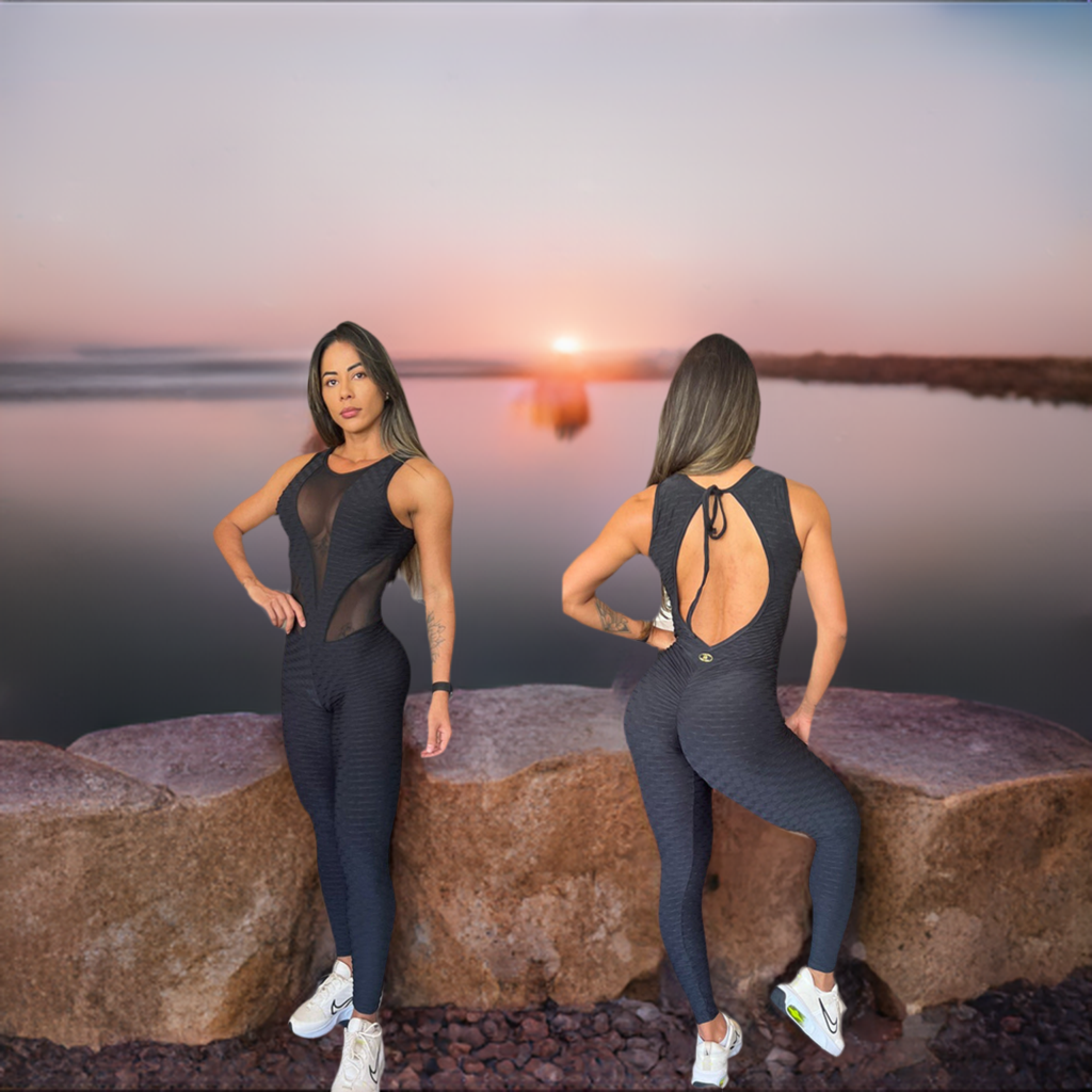 Black Scrunch Booty Wave Mesh Workout Jumpsuit