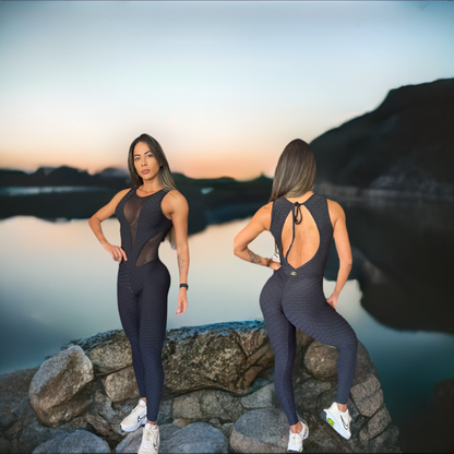 Black Scrunch Booty Wave Mesh Workout Jumpsuit