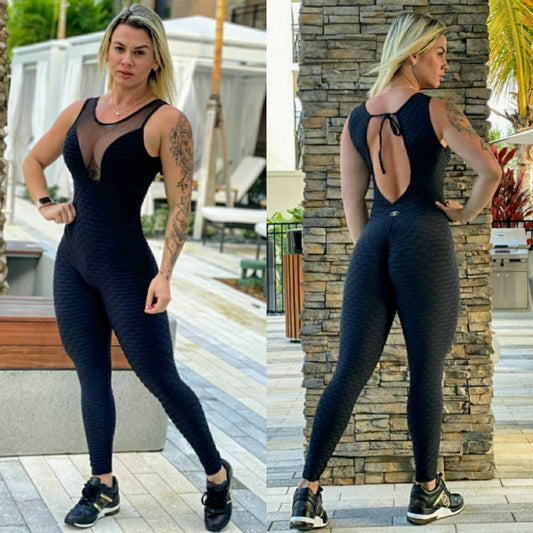 Black Scrunch Booty Cleavage Workout Jumpsuit