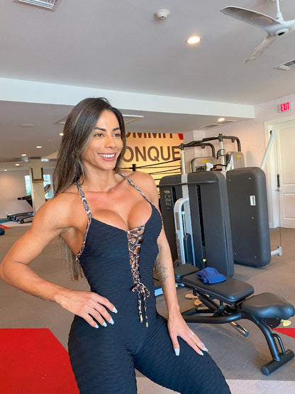 Black Wave Leopard Lace Scrunch Booty Jumpsuit
