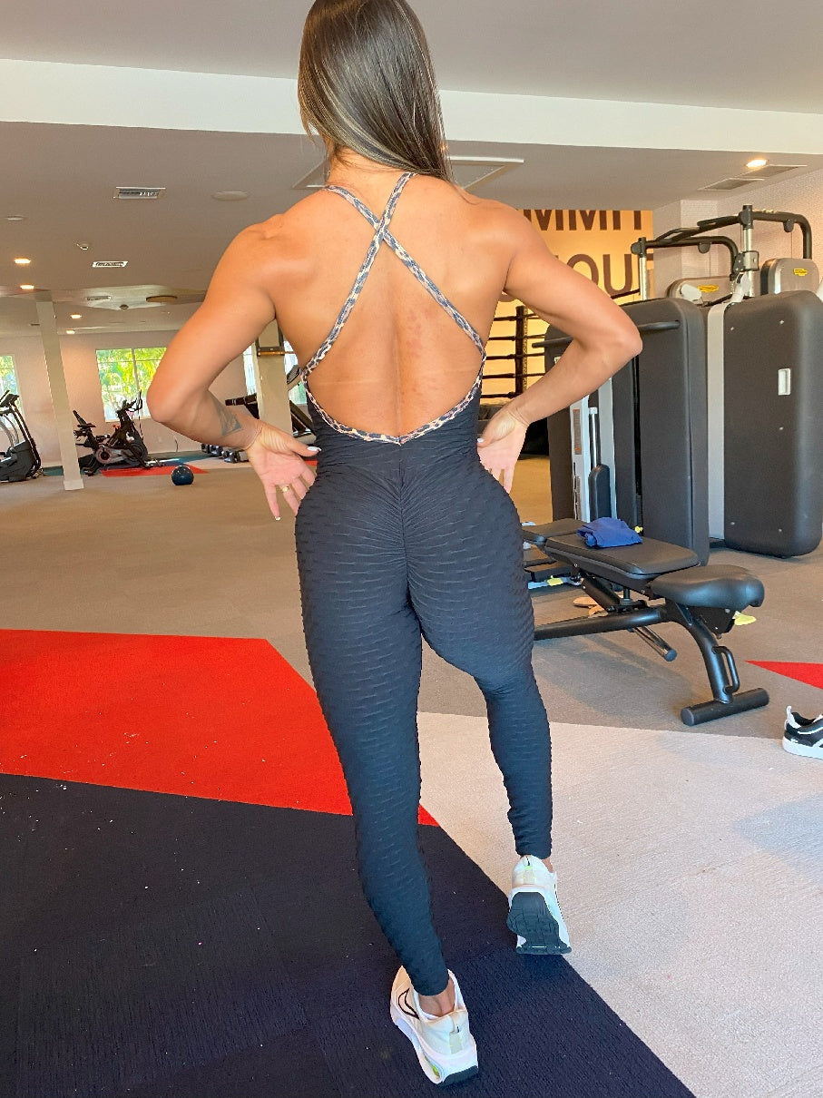 Black Wave Leopard Lace Scrunch Booty Jumpsuit