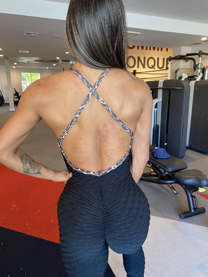 Black Wave Leopard Lace Scrunch Booty Jumpsuit