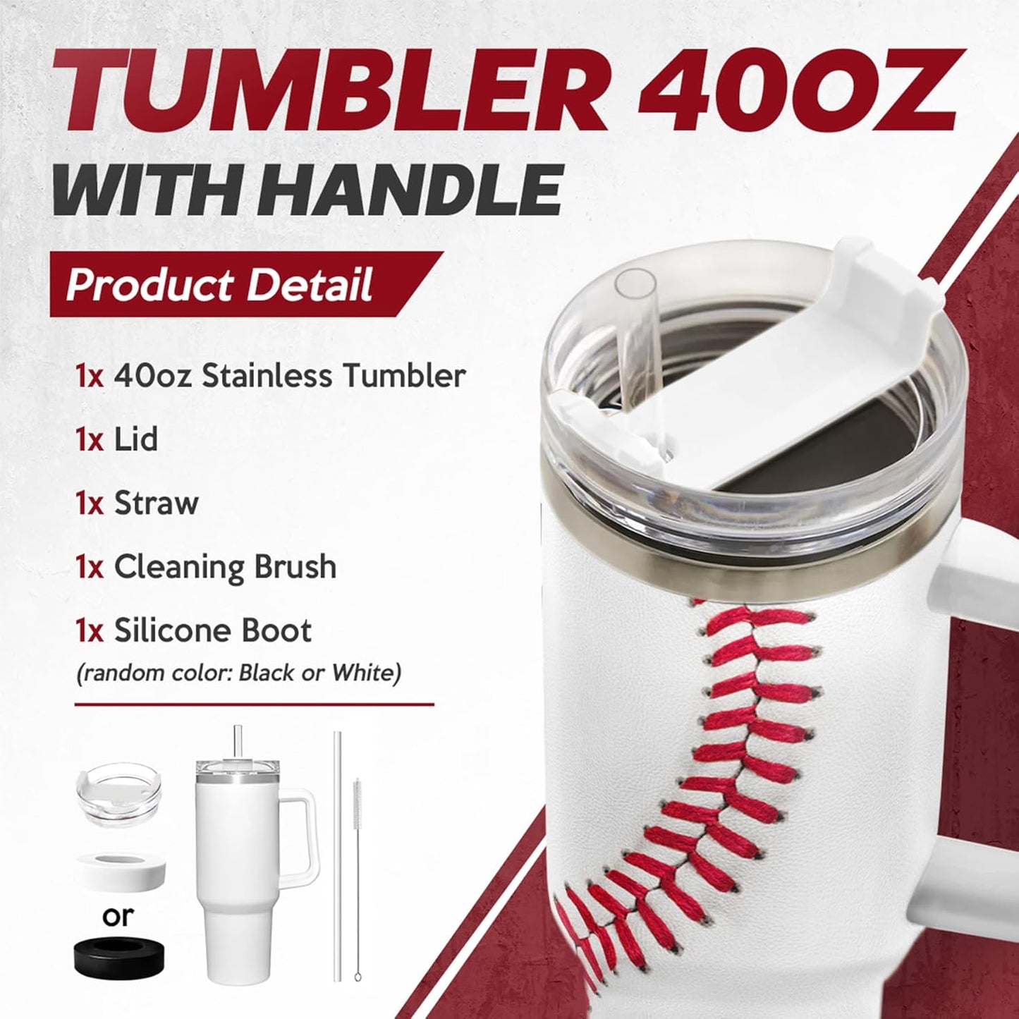 Baseball 40oz Stainless Steel Tumbler with Lid and Straw