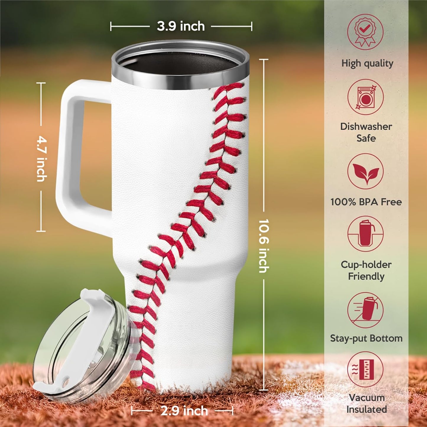 Baseball 40oz Stainless Steel Tumbler with Lid and Straw